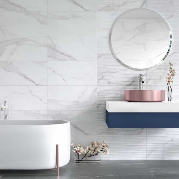 Essential Carrara White 600x1200 Polished Marble Effect Porcelain Tile Render